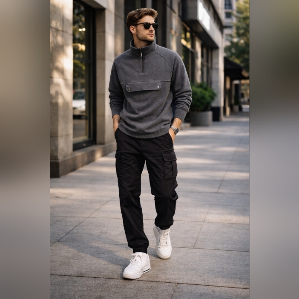 Puma Dark Gray Cotton Blend Quarter Zip Pullover Sweater | Snap Pocket Athletic
